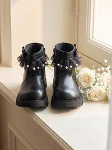 1 Pair 2026 New Girls' Mesh Pearl Ankle Boots, Bow Side Zipper Thick Sole Design, Sweet Fairy Princess Style, Suitable For Autumn/Winter Outings And Dress Matching - Black - View 2