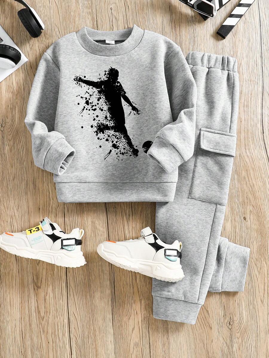 Young Girl Soccer Pattern Print Crew Neck Sweatshirt And Sweatpants Set - Grey - View 1