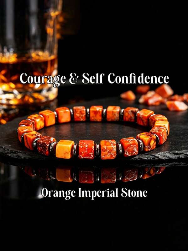 Natural Orange-Red Imperial Stone Square Beads & Black Obsidian Spacer Beads Elastic Bracelet, Courage & Confidence, Bohemian Versatile Unisex Daily Wear Gift
