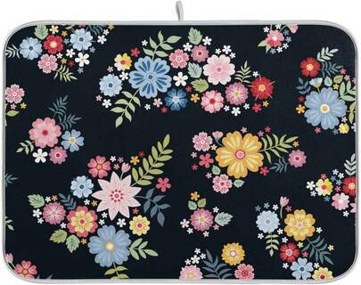 Absorbent Dish Drying Mat For Kitchen Counter - Black Flower Watercolor Fruit Microfiber Drying Pad, Reversible Drainer Mats For Countertop, Large 18