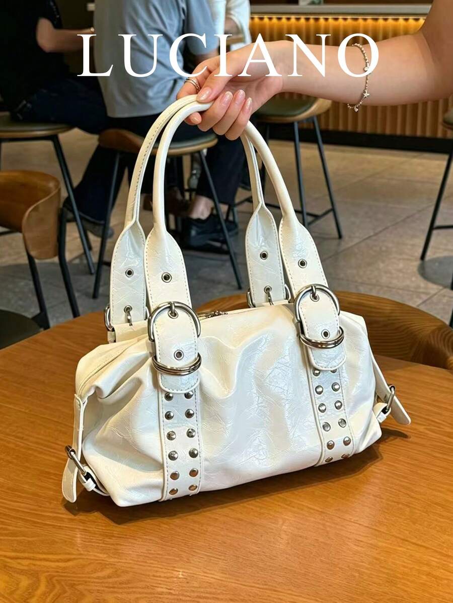 1件白色女款手提包,深色復古龐克鉚釘PU皮革街頭風托特包,大容量金屬環時尚高端機車風單肩包,適合通勤與約會,日常穿搭百搭,適合職場女性、大學生、時尚愛好者 - 白色 - 查看 1