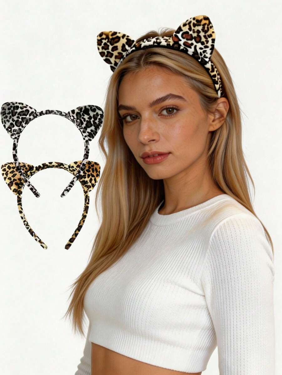 1pc Women's Vintage Leopard Print Cat Ear Headband, Sweet & Cool Style 3D Ear Headband, Fashionable Versatile Hair Accessory, Suitable For Festivals, Home Face Washing, Makeup, Hair Styling, Daily Wear, Easter Costume Prop, Halloween Headband, Christmas, Valentine's Day Party Outfit, Valentine's Day Gift For Girls - One Size Fits All - View 1