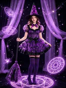 Women Halloween Witch Cosplay Costume Set, Witch Hat, Tulle Skirt & Broom Prop, Fancy Dress Outfit For Theme Party Masquerade Ball Stage Performance - Multicolor - View 5