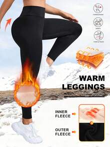 1pc Women's High Waist Thermal Lined Leggings - Thick Warm Stretchy Thermal Pants, Suitable For Outdoor Wear, Opaque Solid Color Fabric Elongates Leg Lines, Thick And Warm, Soft Lining, Stretchy Material, Ideal Choice For Cold Weather Enthusiasts.,Winter Black Sports - Black - View 3