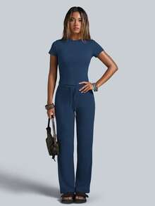 NcmRyu Conjunto deportivo de mujer de un solo color con cuello redondo, manga corta, cordón y pantalones de pierna recta - Azul Marino - Ver 7