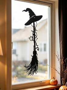 Halloween Waterproof PVC Window Stickers, Vine Witch Hat Magic Broom Silhouette Store Window Glass Removable Decorative Decals - one-size - View 1