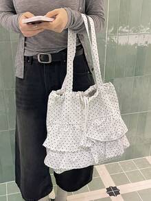 Dedoo 女款帆布波點印花托特包，荷葉邊層次抽繩單肩包，大容量書包，適合大學校園 - 白色 - 查看 6