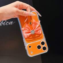 Dompet Kartu dengan Pita Satin dan Hiasan Bunga Camellia Perak, Tali Pergelangan Tangan, Kontras Dua Warna, Jendela Kamera Besar, Casing Ponsel Transparan, Dompet Saku, Tahan Guncangan dan Anti Jatuh, Pelindung Ponsel, Casing Tipis TPU Lembut Transparan Anti-Kuning, Kompatibel dengan iPhone 13 14 15 16 17 Pro Max - Jeruk - View 5