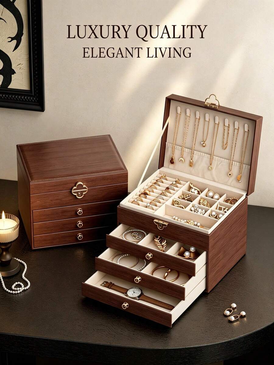 Jewelry Storage Box, Artificial PU Leather Walnut Wood 3-Layer Wooden Jewelry Box With Velvet Lining, Earring And Ring Storage Box, Large Capacity Drawer Design, Suitable For Necklaces, Bracelets (3 Layers) - Multicolor - View 1