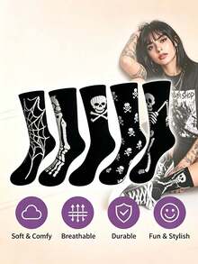 1/5 Pairs Unisex Skull And Spider Pattern Mid-Calf Socks, Comfortable Creative Casual Socks, Suitable For Daily Wear, Halloween, Party, Autumn - Black and White - View 3