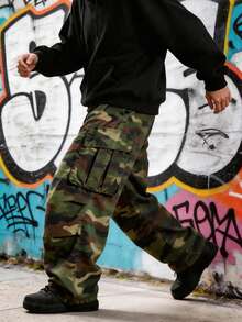 Men's Camouflage Cargo Pants, Loose Wide Leg, Streetwear Style, Relaxed Fit, Tactical Military Style, Multi-Pocket Practical Long Pants - Army Green - View 3