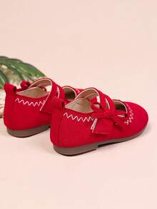 1 Pair Girls Bow Round Toe Comfortable Fashionable Princess Style Flat Shoes Suitable For Spring And Autumn - Red - View 4