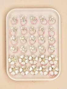 14/28pcs Random Assorted White Rhinestone Flower Hair Accessories, Thin Pink Cord 3D Petal Design Mini Versatile Hair Ties For Girls' Daily Outfits - Multicolor - View 6