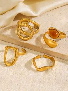 4pcs Stainless Steel 18K Gold Plated Elegant Geometric Line Water Drop Ring Set, Suitable For Women's Daily, Holiday And Date Wear - Multicolor - View 4