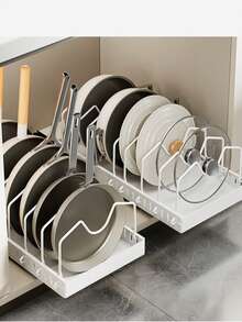 Adjustable Pull‑Out Pot Pan Organizer Rack, Vertical Cookware Holder With Hooks For Pots, Pans & Lids, Space‑Saving Large‑Capacity Easy‑To‑Install & Easy‑To‑Clean Kitchen Cabinet Drawer Storage Accessory For Home Kitchen Organization - White - View 10