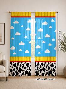 2pcs Color Block Cow & Cloud Rod Pocket Curtains, Polyester Fabric, American Style Patchwork Print, Fashion Living Room Bedroom Home Fabric Curtains - Multicolor - View 17