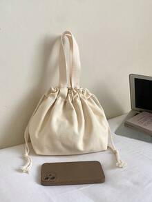 Rice Apricot Plain Drawstring Tote Bag With Wide Woven Handles, Customizable Print Blank Basic Style For Daily Commute And Miscellaneous Storage Small Tote - Beige - View 7