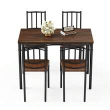 Dining Table Set, Bar Table With 4 Dining Chairs, Kitchen Table With Chairs, Industrial Style Breakfast Table For Kitchen, Living Room, Party Room, Walnut Wood, 110cm*60cm*76.5cm - Walnut - View 10