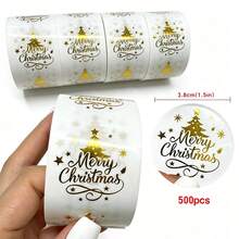 rainbow girl MERRY CHRISTMAS 3.8cm Round Transparent Christmas Tree Gold Foil Label Stickers, 1.5 Inch/500pcs Gold Christmas Stickers, New Year Party Gift Bag/Gift Box/Envelope/Party Paper Bag Decoration Gift Packaging Labels - View 2