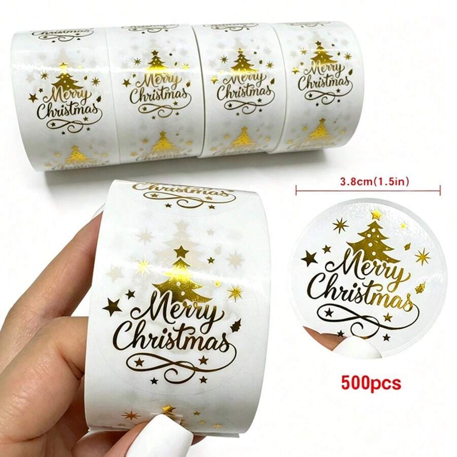 rainbow girl MERRY CHRISTMAS 3.8cm Round Transparent Christmas Tree Gold Foil Label Stickers, 1.5 Inch/500pcs Gold Christmas Stickers, New Year Party Gift Bag/Gift Box/Envelope/Party Paper Bag Decoration Gift Packaging Labels