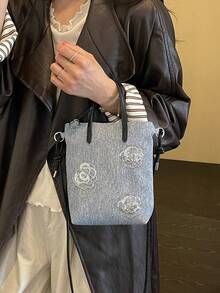 1件女款拼色手提包，時尚玫瑰裝飾與拉鍊開合，適合約會禮物 - 藍色 - 查看 5