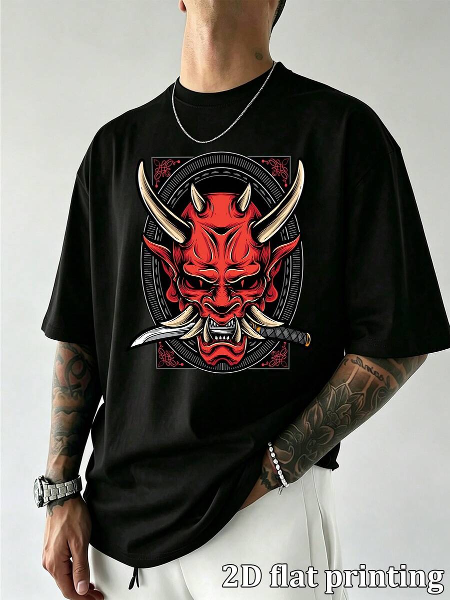 Japanese Red Oni Demon Mask Graphic Print Men's Oversized Short Sleeve T-Shirt, Casual Loose Round Neck Streetwear Tops For Men Daily Casual We - Black - View 1