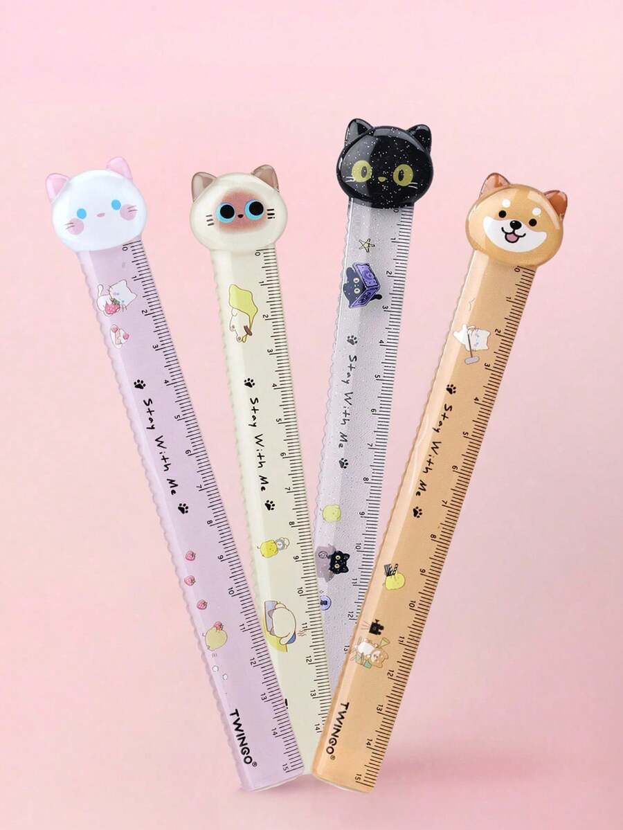 1 buah warna acak/4 buah penggaris kartun hewan peliharaan lucu, seri Furry Town, penggaris lurus 15cm. - D-Beraneka Warna - View 1