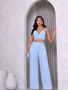 Conjunto Em Alfaitaria Com Detalhes Em Renda - Azul bebê - Visão 3