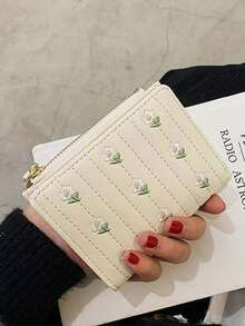 日韓風小眾設計 INS 可愛刺繡花卉卡夾零錢包 小收納包 清新美感 便攜收納包 小錢包 - 杏色 - 查看 2