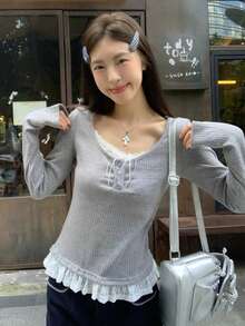Women's 2-In-1 Lace Patchwork Long Sleeve T-Shirt, Slim Fit, Flattering, Layering Top, Early Autumn - Grey - View 4