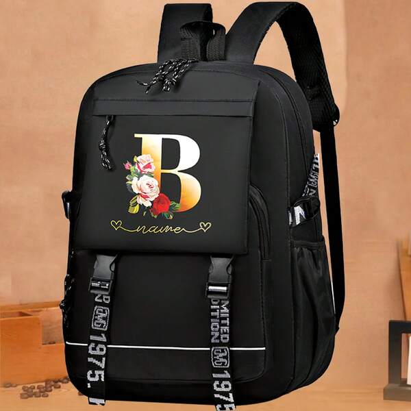 Floral Letter A Custom Name Backpack Rose Print Multi Pocket Side Mesh Bottle HolderPrinted RibbonPadded StrapsWater Resistant SchoolRucksack ForGirls