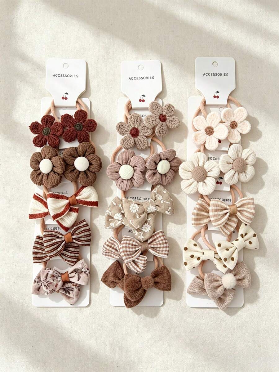 10-Piece Girls' Floral Bow Hair Tie Set, Knitted Daisy Elastic Headband, Mixed Color Plaid Polka Dot, Soft And Gentle Hair Ties. - Multicolor - View 1
