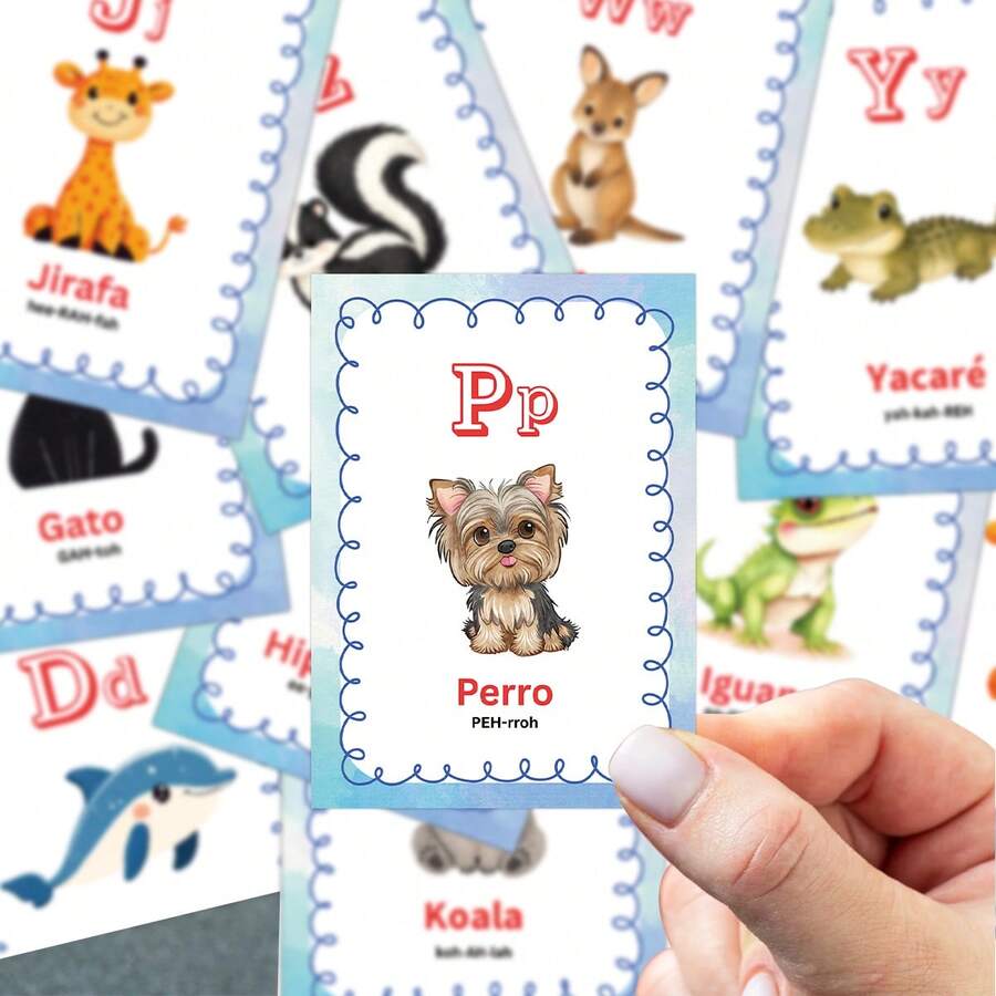 26 Spanish Alphabet Pronunciation Flash Cards, 2.5*3.5 Inch Spanish Animal Vocabulary With Phonetic Symbols, Language Learning Tool, Classroom Wall Decor, Back To School Educational Birthday Gift Stationery