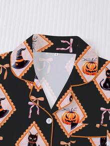 Halloween 2pcs Women's Pajama Set, Pumpkin Ghost Print, Holiday Women's Loungewear, Short Sleeve Lapel Top And Shorts, Can Be Worn As Outerwear - Multicolor - View 3