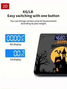 1pc 2D Flat Grey Halloween Digital Bathroom Scale, Haunted House Witch Silhouette Full Moon Ghost Bat Spider Web Tombstone Tree Print, Max Capacity 400lbs/180kg, Tempered Glass Surface, Uses AAA Batteries (Not Included) - View 2