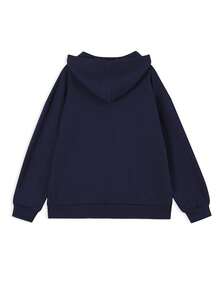 Navy Blue Letter Print Loose Fit American Vintage Style Pullover Hooded Sweatshirt For Women, Casual Lazy Look, Spring And Autumn - Navy Blue - View 5