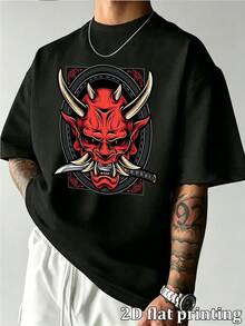 Japanese Red Oni Demon Mask Graphic Print Men's Oversized Short Sleeve T-Shirt, Casual Loose Round Neck Streetwear Tops For Men Daily Casual We - Black - View 2