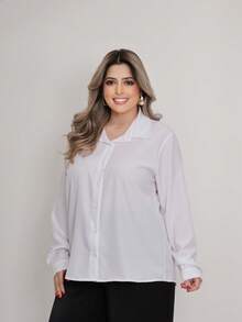 Women's Plus Size Plain Collared Dress Shirt With Long Sleeves - 白色 - 查看 2
