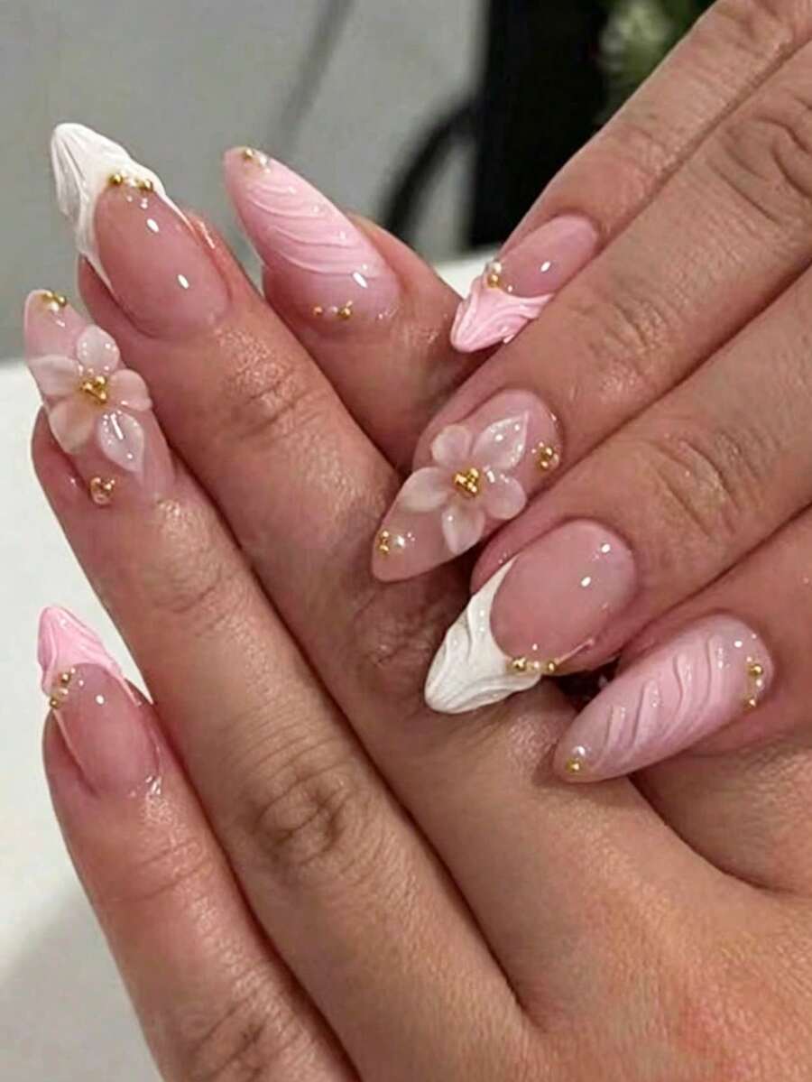 24片可重複使用假指甲,杏仁形,透膚裸粉底色,紋理白色法式指尖,3D淡粉色花朵,小金珠裝飾,亮面,提升氣質,適合日常通勤、約會、宴會派對,附果凍膠與指甲锉 - 彩色 - 查看 1