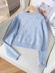 Áo cardigan len dệt kim đục lỗ hình trái tim màu trơn thanh lịch cho bé gái, dáng ngắn, phù hợp mặc thường ngày, đi du lịch, mùa xuân, thu, đông - Màu xanh lam - Xem 2