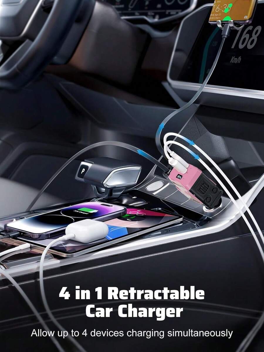 YAIUZGOO 66W 快充車用充電器，4合1可伸縮 USB 車用轉接頭，附 Lightning 與 Type-C 傳輸線，雙 USB 接口，兼容 PD 3.0 QC 3.0，多裝置充電器，適用 與 Android 手機，通用車用旅行配件