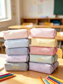 1pc Personalized Embroidered Data Cable Storage Bag, Teacher's Day & Back To School Customized Pencil Case: Striped Cotton Fabric Name Embroidered Pencil Bag, Meaningful Teacher Appreciation Gift, Personalized Makeup Bag, Toiletry Bag - Multicolor - View 3