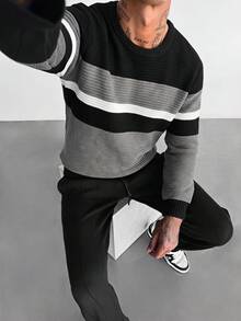 ZYNTH BALENO Men's Fashion Autumn/Winter 7-Gauge Patchwork Loose Drop Shoulder Crew Neck Long Sleeve Sweater, Suitable For Gym Sports - Grey - View 2