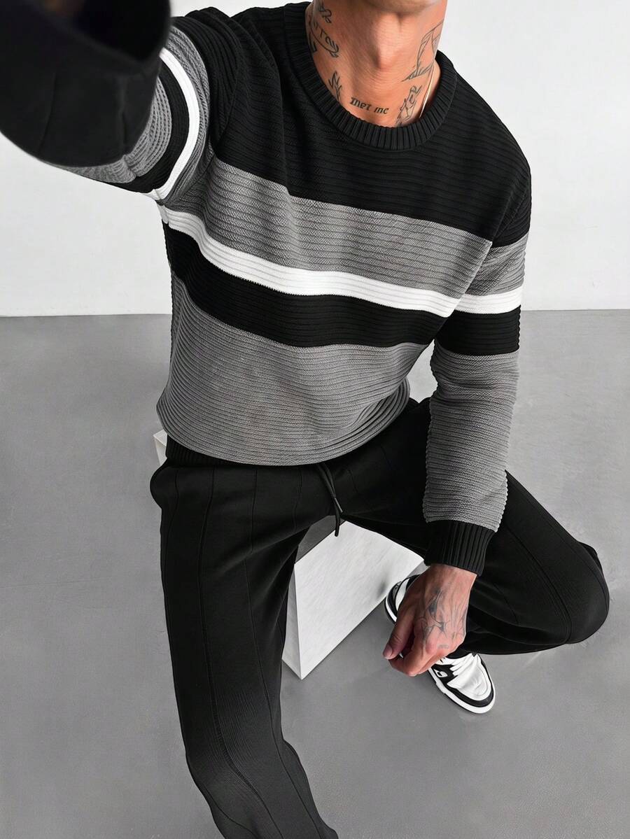 ZYNTH BALENO Men's Fashion Autumn/Winter 7-Gauge Patchwork Loose Drop Shoulder Crew Neck Long Sleeve Sweater, Suitable For Gym Sports - Grey - View 1