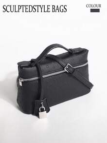 Premium Women's Black PU Embossed Polka Dot Small Handbag, Versatile Crossbody Bag, Fashionable Minimalist Elegant Metal Lock Decor, Commute & Shopping Bag - Black - View 11