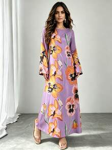 1 buah Gaun Wanita, Motif Geometris Berwarna-warni, Leher Bulat, Lengan Mengembang, Lengan Panjang, Abaya Longgar untuk Musim Gugur - Violet Purple - View 8