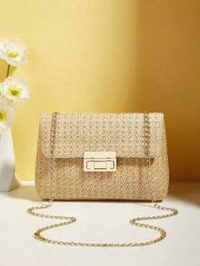 Tropiscape Fashionable Solid Color Gold Woven Crossbody Bag, Suitable For Women's Daily Use - Khaki - View 6