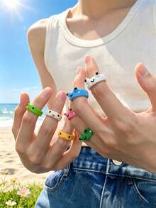 12pcs Multicolor Polyresin Heart-shaped Ring, Anti-water, Perfect For Girls' Daily Wear, Suitable As Y2k Couple Gift - Multicolor - View 4