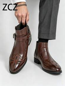ZCZ Men's Chelsea Boots High-Top Leather Shoes Pointed Toe Fashion Leather Boots Thick Sole Chain Buckle Boots Chelsea Boots - Brown - View 4