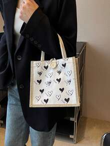 1pc Fashionable Black Heart Pattern Canvas Tote Bag - Lightweight & Multifunctional, Suitable For Lunch, Travel | Durable Fabric, Large Capacity Interior, Essential For Daily Use, Cute Storage Bag - Black and White - View 5